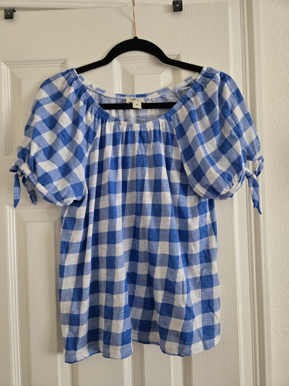 Style & Co. Blue & White Gingham Puff-Sleeve Peasant Top